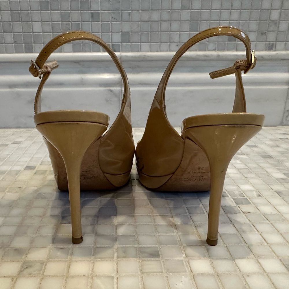 Jimmy Choo Women Peep Toe Nude Patent Leather Platform Slingback Heels - Picture 4 of 14